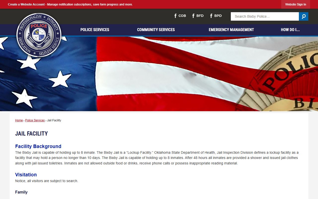 Bixby Police Department jail facility page showing Bixby jail roster details