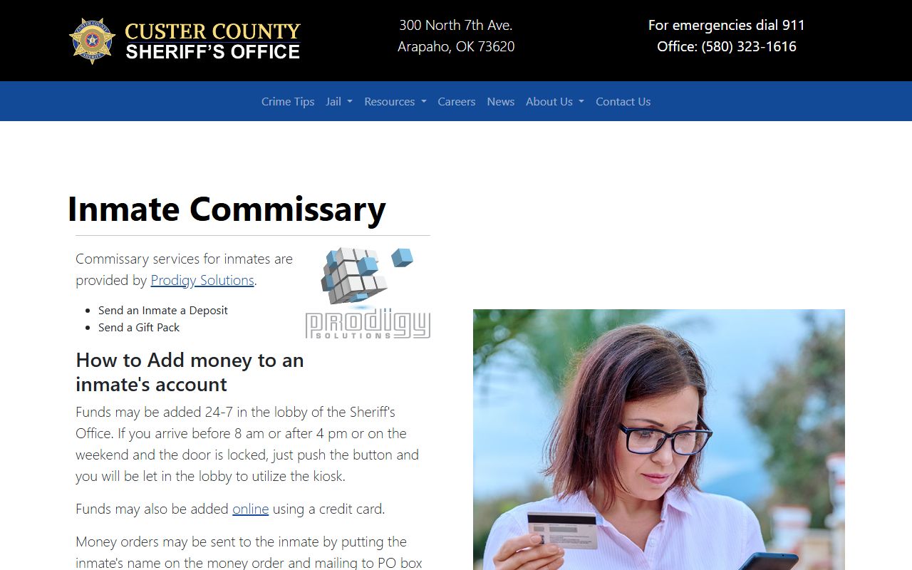 Custer County jail roster commissary page