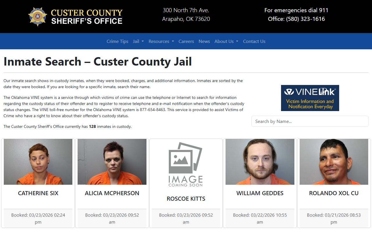 Custer County jail roster inmate search page