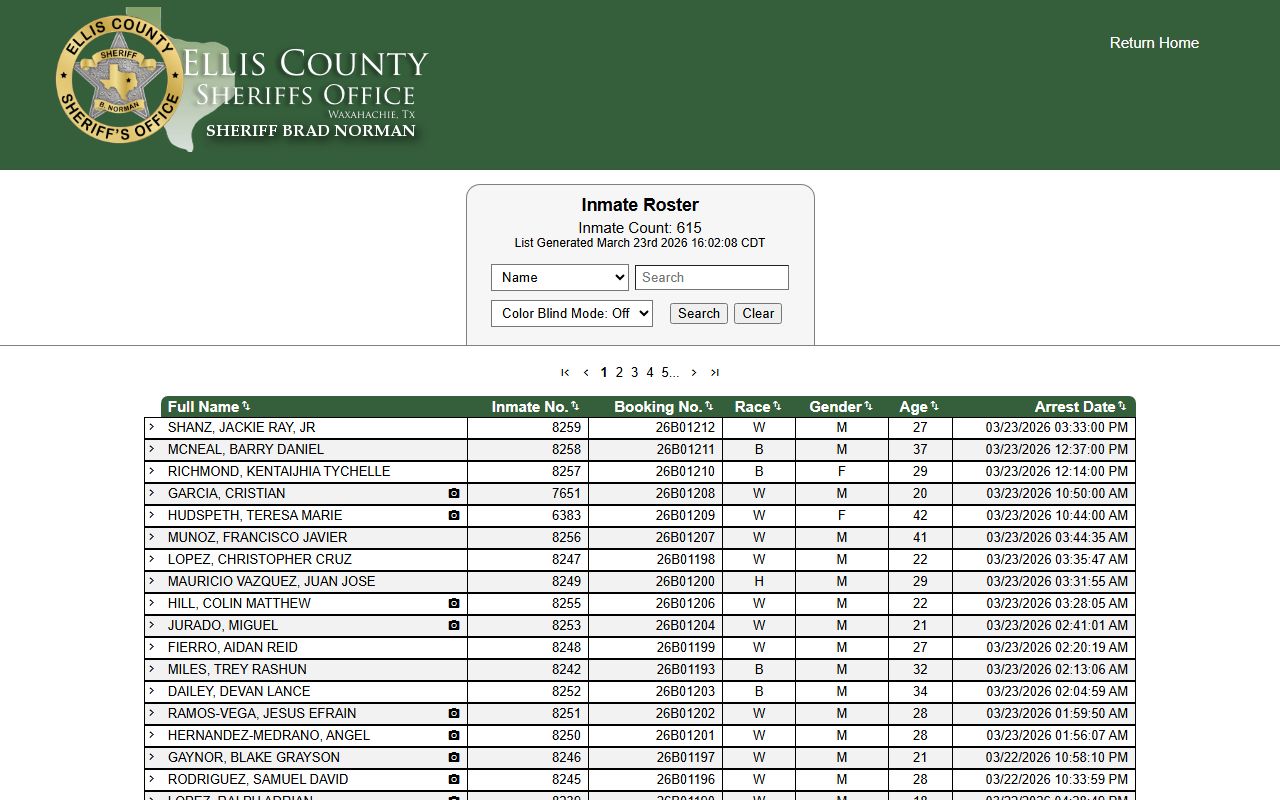 Ellis County jail roster inmate search system