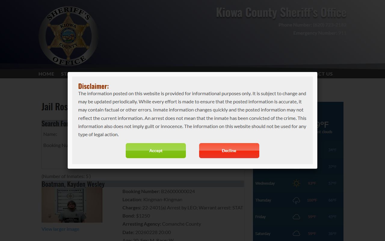 Kiowa County jail roster sheriff office online roster page