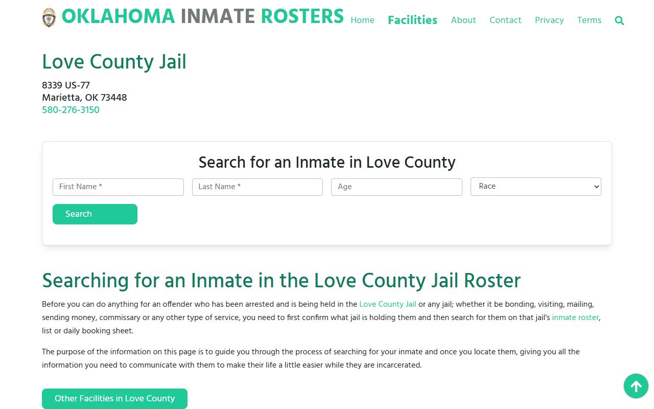 Love County jail roster inmate information page