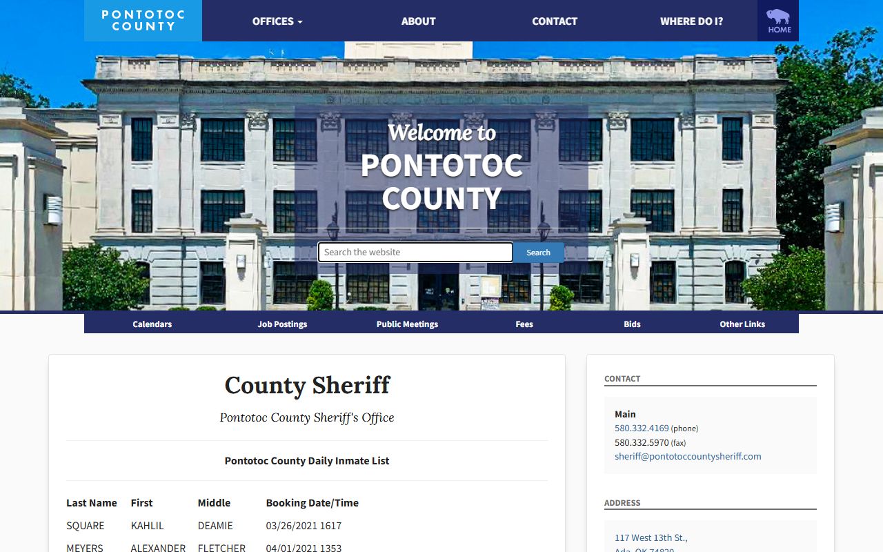 Pontotoc County jail roster daily inmate list page