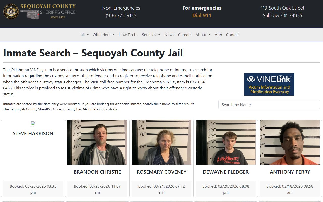 Sequoyah County inmate search page for jail roster