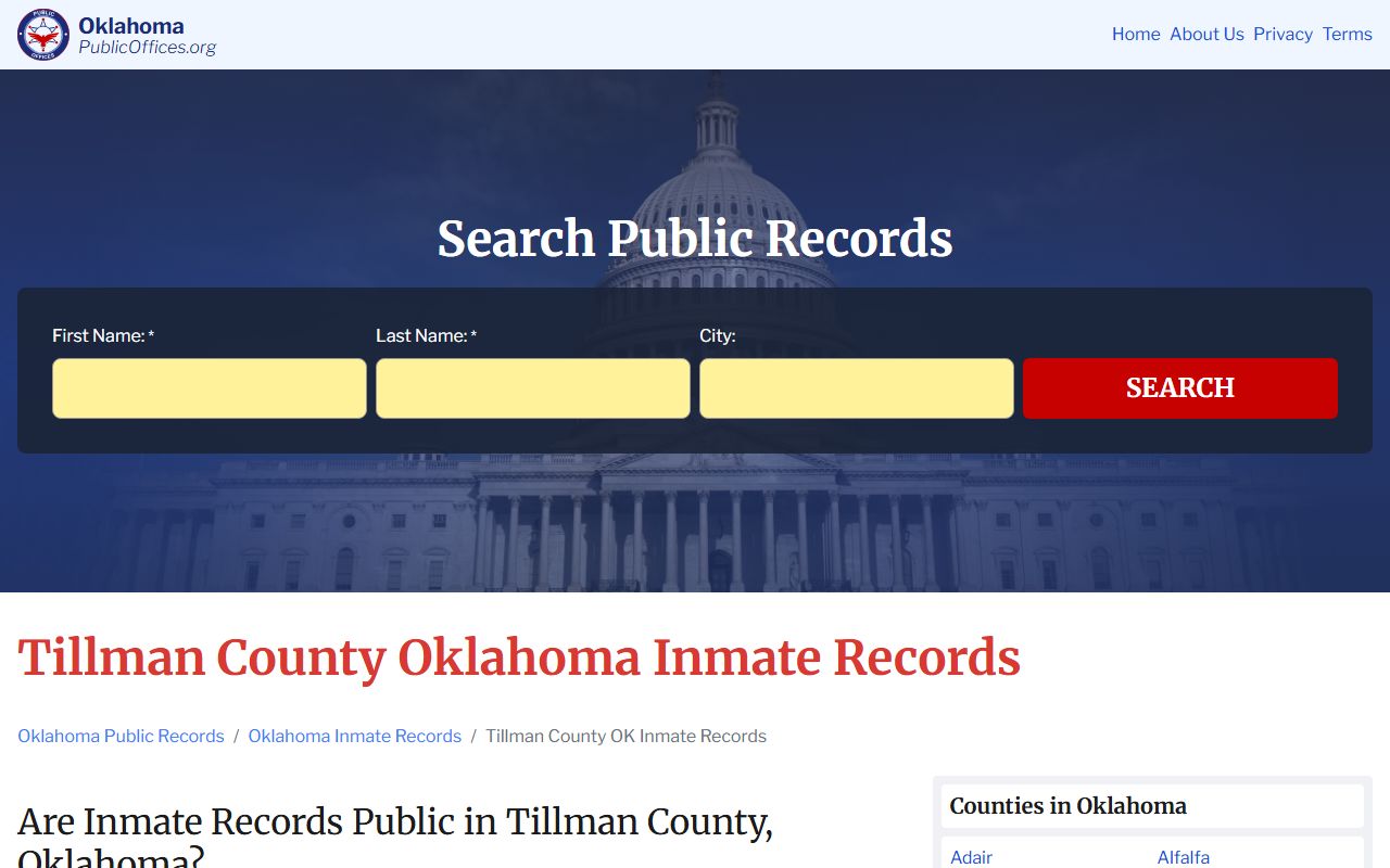 Tillman County inmate records public information page