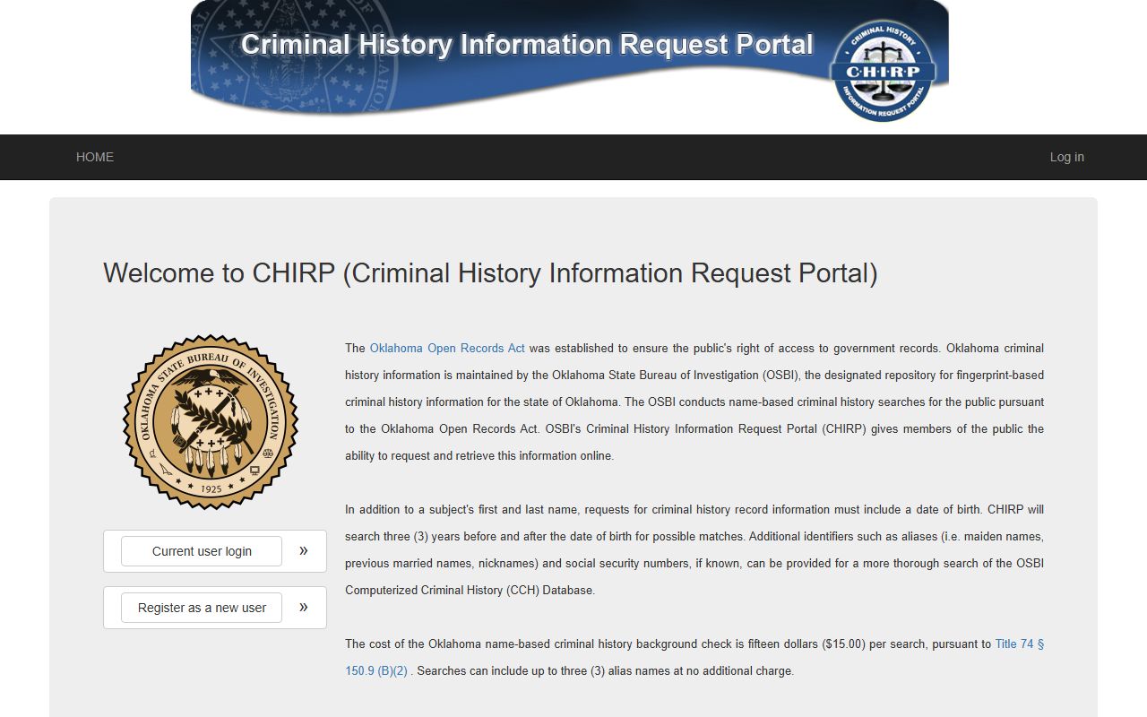 Oklahoma jail roster OSBI CHIRP criminal history portal