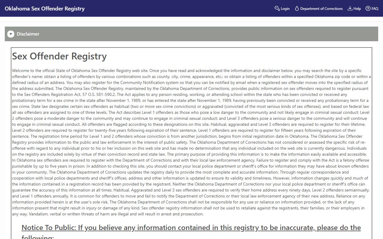 Oklahoma jail roster sex offender registry search