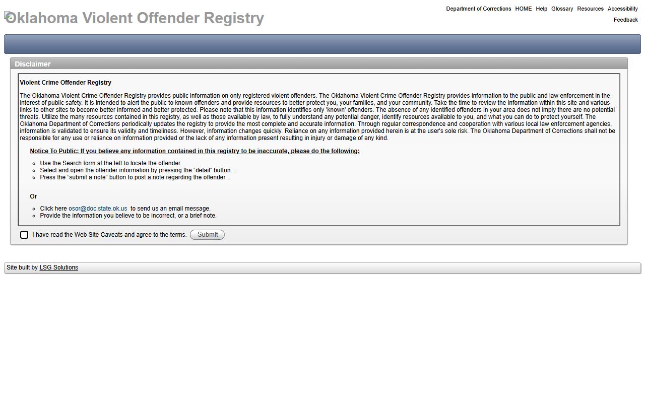 Oklahoma jail roster violent offender registry